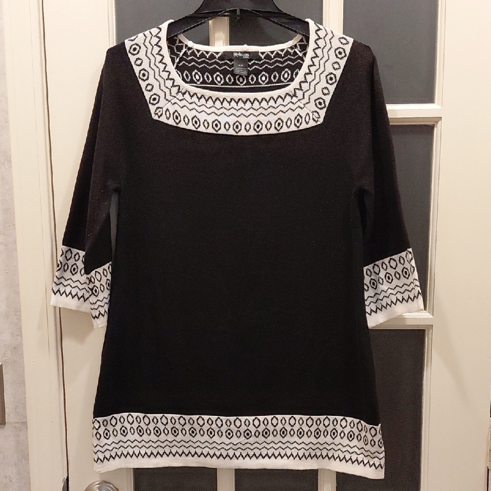 "Style & Co." Black and White 3/4 Sleeve Boxy Tunic Blouse with Scarf